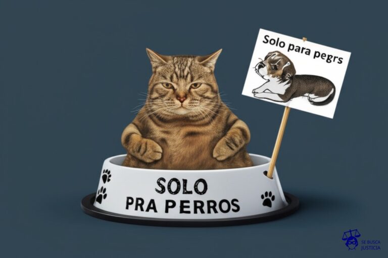 Un gato gordo y satisfecho, sentado en un cuenco de comida para perros vacío, con un letrero de Solo para perros a un lado. Representa: Falta de habilitación de uso comercial de una propiedad que se utiliza para un negocio. El propietario debe regularizar la situación para evitar sanciones y multas municipales.