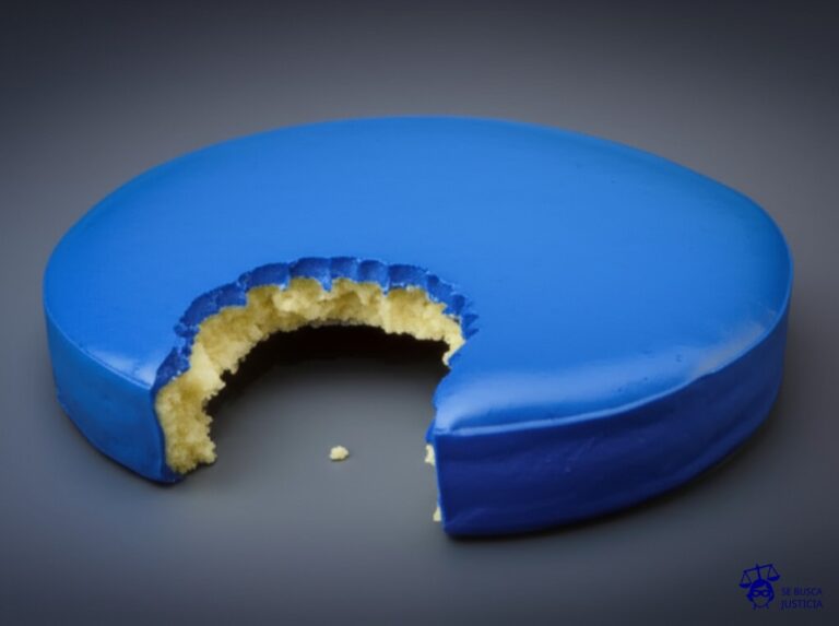 Un gran pastel (representando el territorio afectado) con una mordida gigante faltante en un lado, y un diminuto trozo de migaja (representando la indemnización) en el otro extremo, lejos de la mordida. Representa: Falta de indemnización por daños ambientales transfronterizos causados por una empresa o un Estado vecino