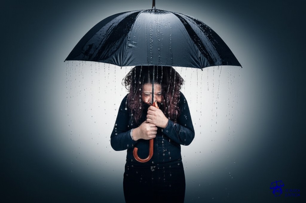 Un paraguas roto, goteando agua, sostenido inútilmente sobre una persona que está empapada. Representa: Falta de protección a refugiados y solicitantes de asilo por un Estado signatario de la Convención de Ginebra