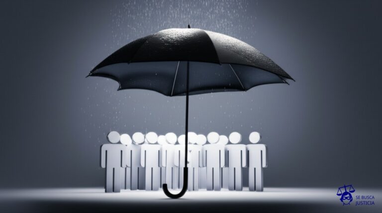 Un pequeño paraguas (que representa la protección) roto y goteando, intentando cubrir un grupo de figuras abstractas (representando las minorías) que están siendo alcanzadas por una lluvia cada vez más intensa. A un lado, un gran sol (representando el Estado) que observa la escena con indiferencia. Representa: Falta de protección de minorías étnicas o religiosas en un Estado soberano que puede escalar a persecución o crímenes de lesa humanidad lo que justifica una intervención humanitaria bajo el principio de responsabilidad de proteger