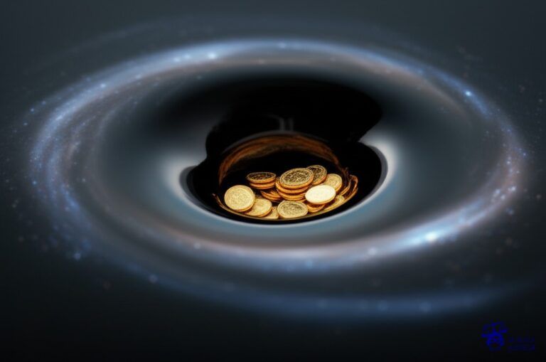 Un agujero negro tragándose un puñado de monedas brillantes. Representa: Fraude en la venta de una propiedad en la que el supuesto vendedor no es el dueño legal del inmueble. El comprador pierde el dinero entregado como seña y debe iniciar acciones legales.