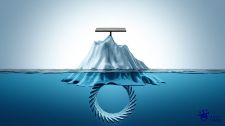 Un iceberg con una pequeña tabla de salvamento encima, y un gran agujero invisible en la parte sumergida. Representa: Inclusión de cláusulas abusivas en el contrato de seguro, especialmente aquellas que restringen derechos del consumidor o imponen cargas desproporcionadas. El asegurado reclama la nulidad parcial de la póliza. El mecanismo legal es la aplicación de la Ley de Defensa del Consumidor y el control de abusividad de cláusulas.