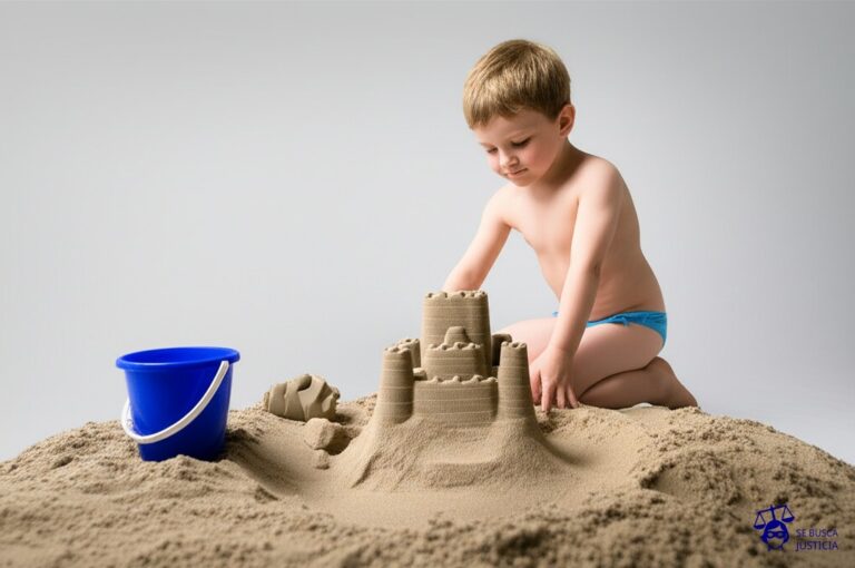 Un niño pequeño (el Estado) jugando con un balde (el tribunal) en la playa, construyendo un castillo de arena (la sentencia). Luego, el niño simplemente ignora el castillo y se pone a cavar un hoyo más grande (apropiándose de los recursos) en otro lugar de la playa, mientras el balde y el castillo se desmoronan solos. Representa: Incumplimiento de sentencias emitidas por el Tribunal Internacional de Derecho del Mar por un Estado signatario lo que genera un conflicto por la soberanía sobre aguas marítimas y recursos y debilita la autoridad de este tribunal