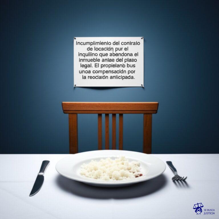 Un plato de comida a medio comer, con una silla vacía en la mesa y un cartel de Se busca en la pared. Representa: Incumplimiento del contrato de locación por el inquilino que abandona el inmueble antes del plazo legal. El propietario busca una compensación por la rescisión anticipada.