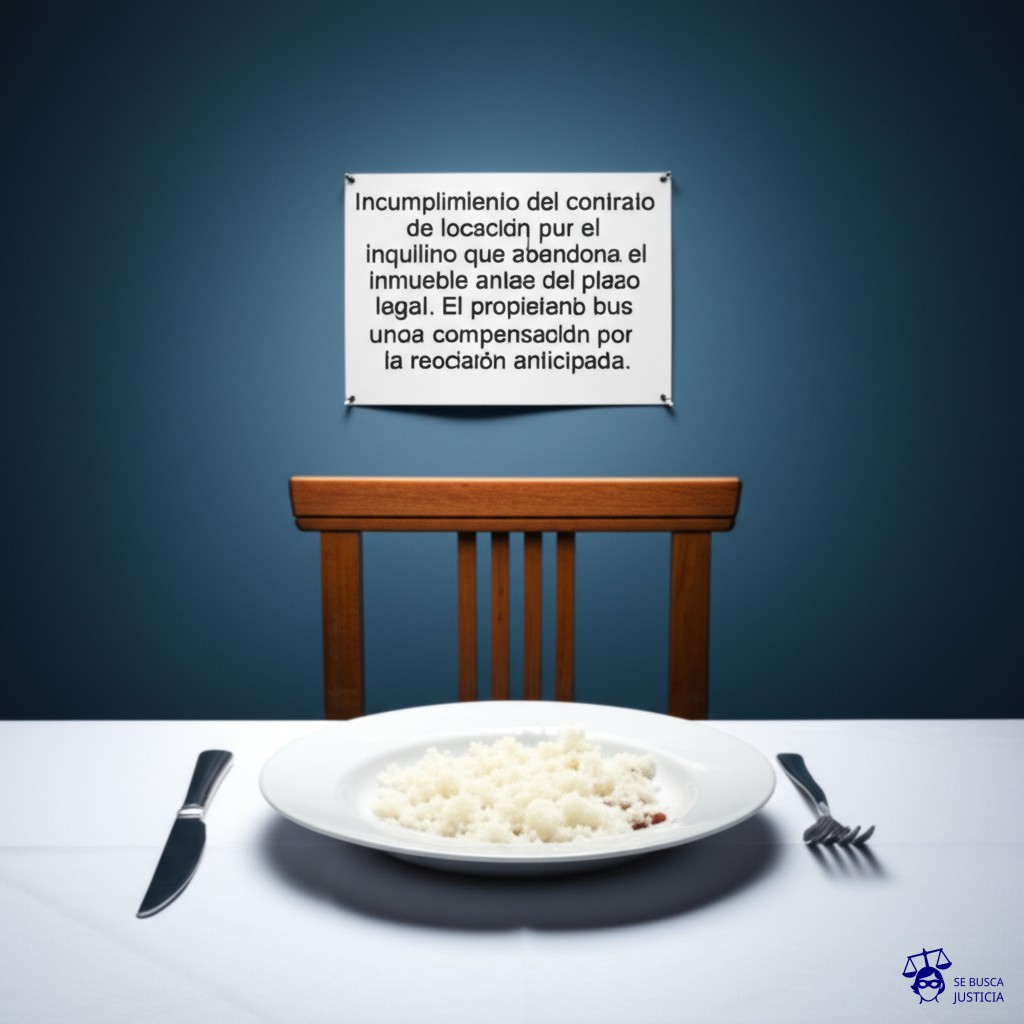 Un plato de comida a medio comer, con una silla vacía en la mesa y un cartel de Se busca en la pared. Representa: Incumplimiento del contrato de locación por el inquilino que abandona el inmueble antes del plazo legal. El propietario busca una compensación por la rescisión anticipada.