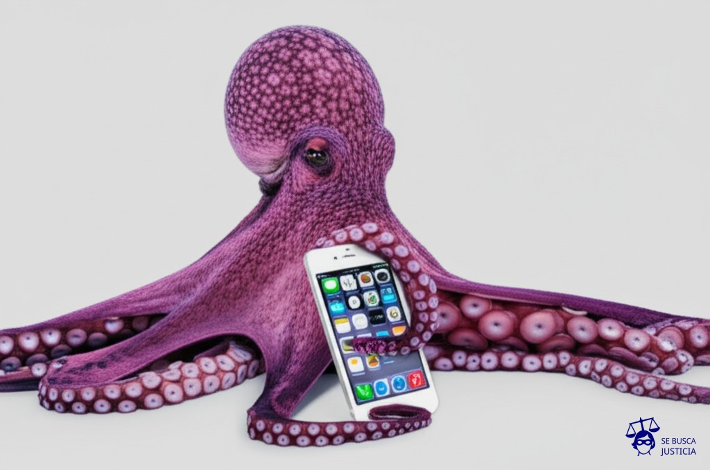 Un gran pulpo con tentáculos que representan a un estado, apretando con fuerza a un delicado móvil (teléfono celular) que representa al organismo internacional. El móvil se está agrietando. Representa: Injerencia de un Estado en la gestión interna de un organismo internacional al presionar a sus funcionarios para tomar decisiones políticas lo que socava la independencia y neutralidad de la organización