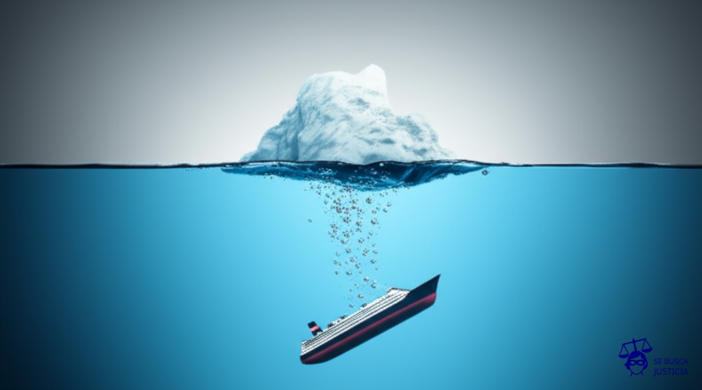 Un gran iceberg (el Estado) flotando imperturbable. Debajo de la superficie, un barco (el territorio ajeno) se hunde, con burbujas (daños y consecuencias) subiendo a la superficie. Representa: Inmunidad de un Estado por daños causados en un territorio ajeno lo que genera un debate sobre la responsabilidad del Estado y las excepciones a la inmunidad soberana en casos de violaciones graves del derecho internacional