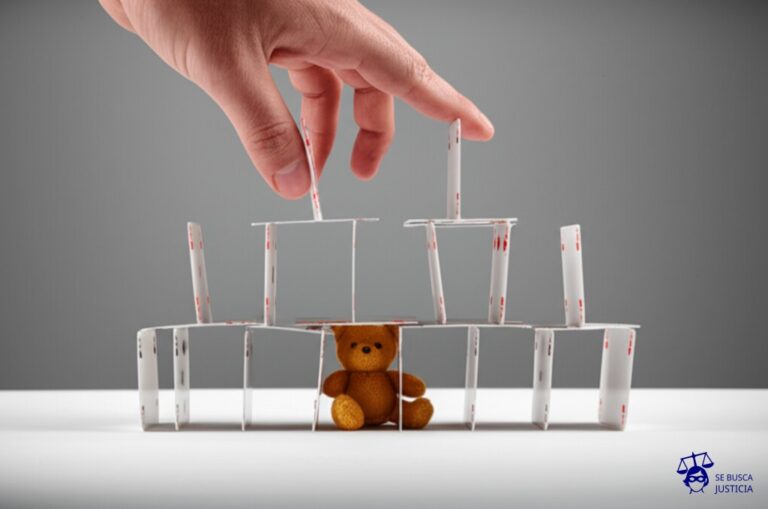 Un castillo de naipes a punto de derrumbarse, con un pequeño peluche (oso o similar) en la base, y una mano gigante (estilizada, sin detalles realistas) a punto de tocarlo. Representa: Intervención judicial por riesgo del menor en su entorno familiar, debido a situaciones de negligencia grave, exposición a violencia o falta de condiciones mínimas de habitabilidad y cuidado, que exige medidas de protección.