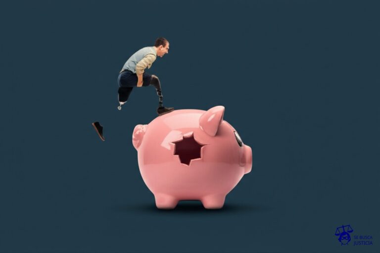 Un hombre con una pierna ortopédica intenta desesperadamente alcanzar una alcancía vacía, con un agujero gigante en el fondo. Representa: La falta de pago de la indemnización por incapacidad total o parcial, a pesar de que el trabajador ha sufrido un accidente o enfermedad laboral que le ha generado una incapacidad, lo que genera un perjuicio económico para el empleado.