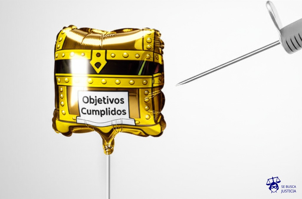 Un globo inflado con la forma de un cofre del tesoro, con una etiqueta que dice Objetivos Cumplidos. Una aguja, a punto de pinchar el globo. Representa: La falta de pago de las comisiones o bonificaciones prometidas, a pesar de que el trabajador cumplió con los objetivos pactados, lo que genera una deuda salarial y la posibilidad de iniciar un reclamo por diferencias de haberes para obtener el pago de estos conceptos variables.