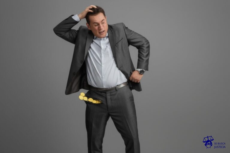 Un hombre con un agujero gigante en el bolsillo, intentando desesperadamente meter monedas en él. Representa: La falta de pago del subsidio por desempleo, a pesar de que el trabajador cumple con los requisitos para acceder a esta prestación, lo que genera un perjuicio económico para el empleado y lo obliga a iniciar un reclamo para obtener el pago de la misma.