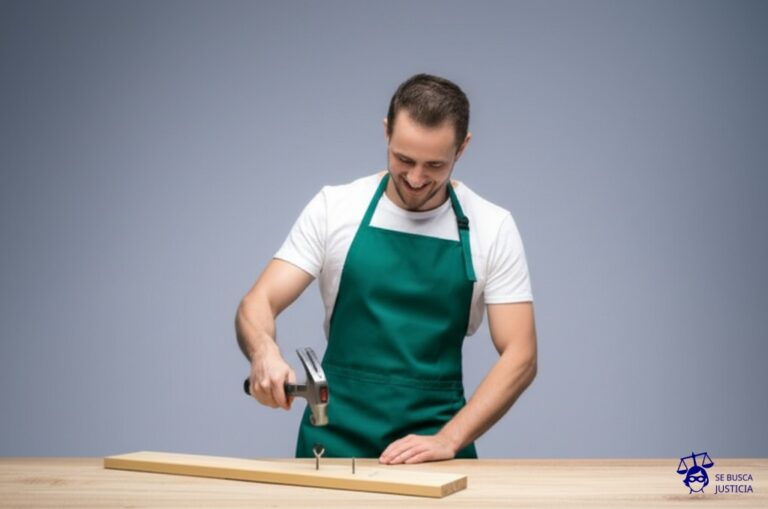 Un hombre con un delantal de trabajo intentando clavar un clavo en una madera con una cuchara. Representa: La falta de provisión de las herramientas o equipos de trabajo necesarios para el desempeño de las tareas, lo que genera un perjuicio económico al trabajador al tener que asumir un gasto que le corresponde al empleador.