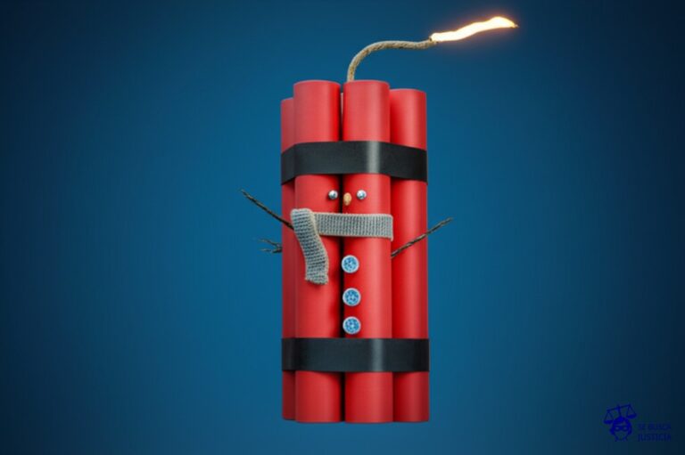 Un muñeco de nieve hecho de dinamita, con una mecha encendida y una bufanda. Representa: La falta de provisión de los elementos de protección personal necesarios para la realización de las tareas, a pesar de que el ambiente laboral presenta riesgos para la salud del trabajador, lo que genera un peligro inminente y la posibilidad de que el trabajador se considere en situación de despido indirecto por falta de seguridad.