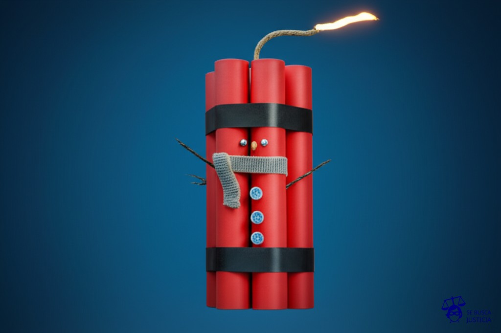 Un muñeco de nieve hecho de dinamita, con una mecha encendida y una bufanda. Representa: La falta de provisión de los elementos de protección personal necesarios para la realización de las tareas, a pesar de que el ambiente laboral presenta riesgos para la salud del trabajador, lo que genera un peligro inminente y la posibilidad de que el trabajador se considere en situación de despido indirecto por falta de seguridad.