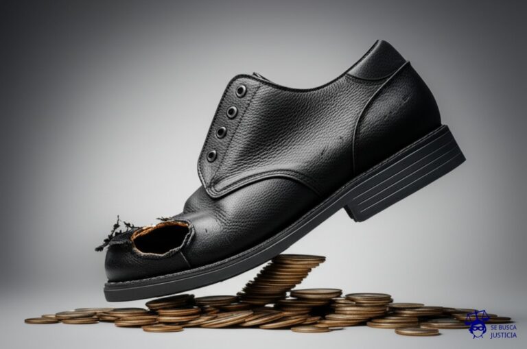 Un zapato roto, con un agujero en la suela, caminando sobre una pila de monedas pequeñas. Representa: La falta de provisión de los medios de transporte o el no pago del viático correspondiente, a pesar de que el trabajador debe trasladarse para el desempeño de sus tareas, lo que genera un perjuicio económico al empleado al tener que asumir un gasto que le corresponde al empleador.