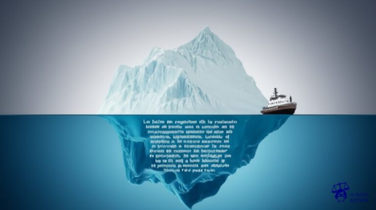 Un iceberg sumergido, con una pequeña porción visible sobre la superficie (la fecha de ingreso oficial), mientras que la gran masa oculta (el tiempo y los derechos laborales no reconocidos) se extiende bajo el agua, amenazando la estabilidad del pequeño barco (el trabajador). Representa: La falta de registro de la relación laboral desde el inicio, con la consiguiente omisión de pago de salarios, aguinaldo y vacaciones, sumado a la negativa de la empresa a reconocer la verdadera fecha de ingreso del trabajador, lo que configura un fraude laboral y un despido indirecto por la precarización de la relación.