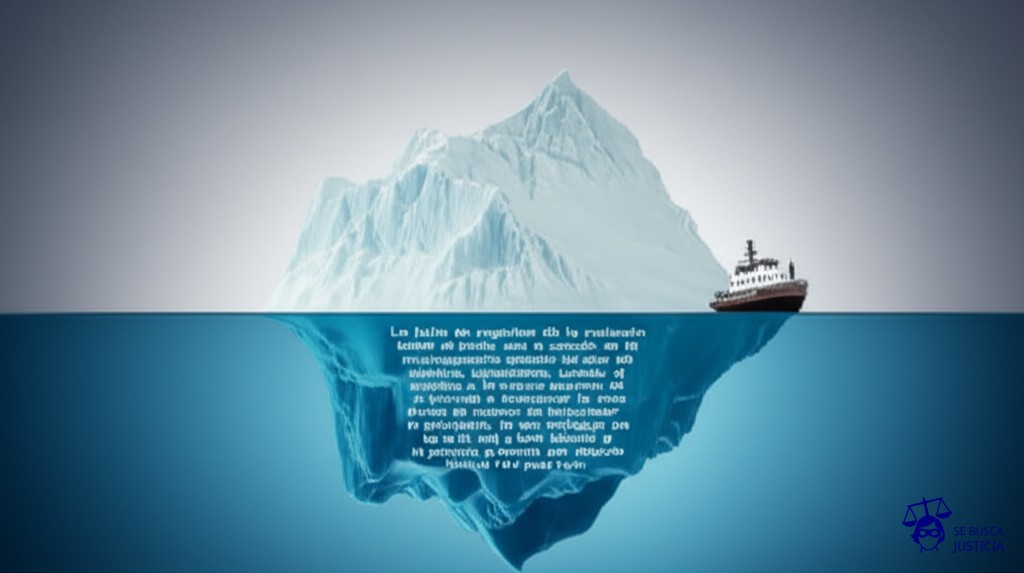 Un iceberg sumergido, con una pequeña porción visible sobre la superficie (la fecha de ingreso oficial), mientras que la gran masa oculta (el tiempo y los derechos laborales no reconocidos) se extiende bajo el agua, amenazando la estabilidad del pequeño barco (el trabajador). Representa: La falta de registro de la relación laboral desde el inicio, con la consiguiente omisión de pago de salarios, aguinaldo y vacaciones, sumado a la negativa de la empresa a reconocer la verdadera fecha de ingreso del trabajador, lo que configura un fraude laboral y un despido indirecto por la precarización de la relación.