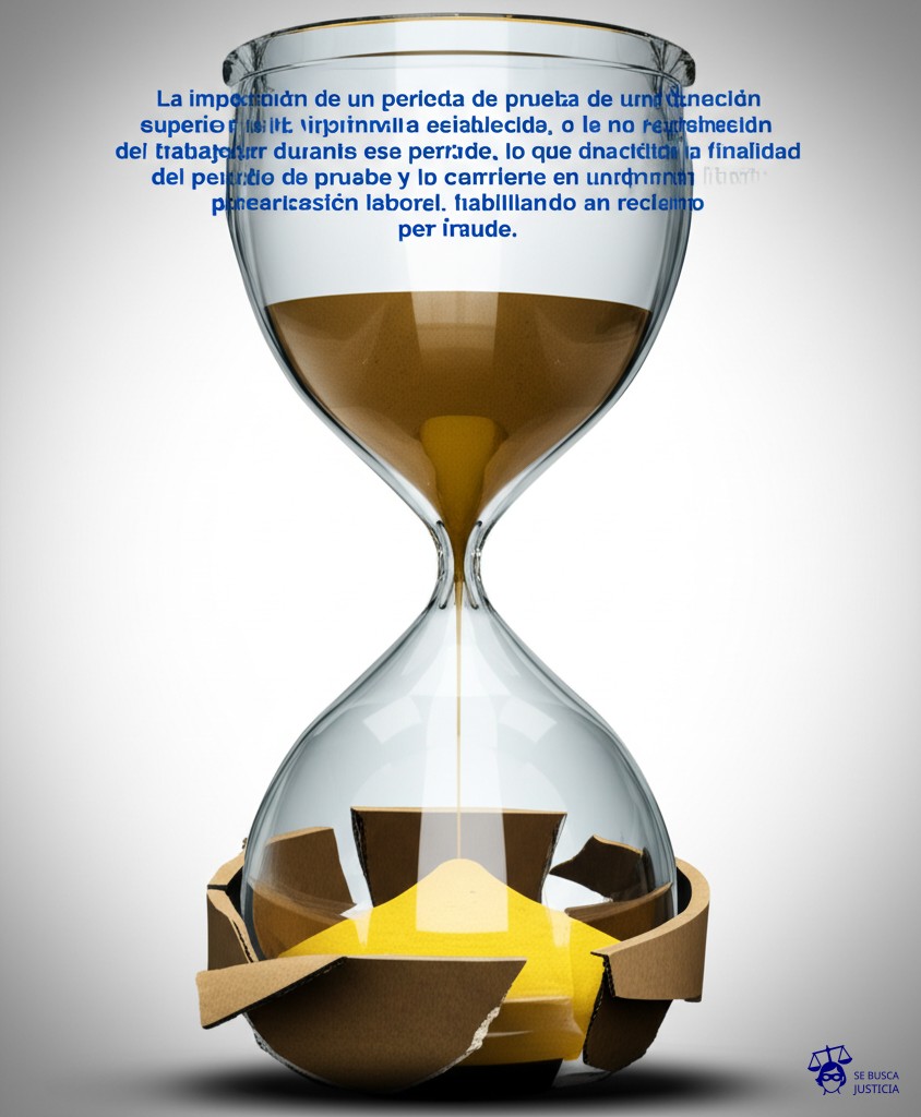 Un gran reloj de arena con la arena fluyendo lentamente, pero con la base del reloj (donde se acumula la arena) hecha de cartón endeble, a punto de romperse. Representa: La imposición de un período de prueba de una duración superior a la legalmente establecida, o la no registración del trabajador durante ese período, lo que desvirtúa la finalidad del período de prueba y lo convierte en una forma de precarización laboral, habilitando un reclamo por fraude.