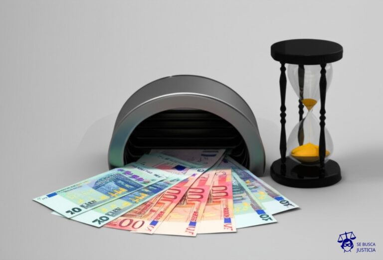 Un montón de billetes de banco desapareciendo tragados por una alcantarilla abierta, con un reloj de arena inclinado a su lado. Representa: La inmobiliaria que se encarga de un alquiler no entrega los recibos de pago al inquilino, que teme no tener una prueba de su cumplimiento. La inmobiliaria alega falta de tiempo para su emisión.