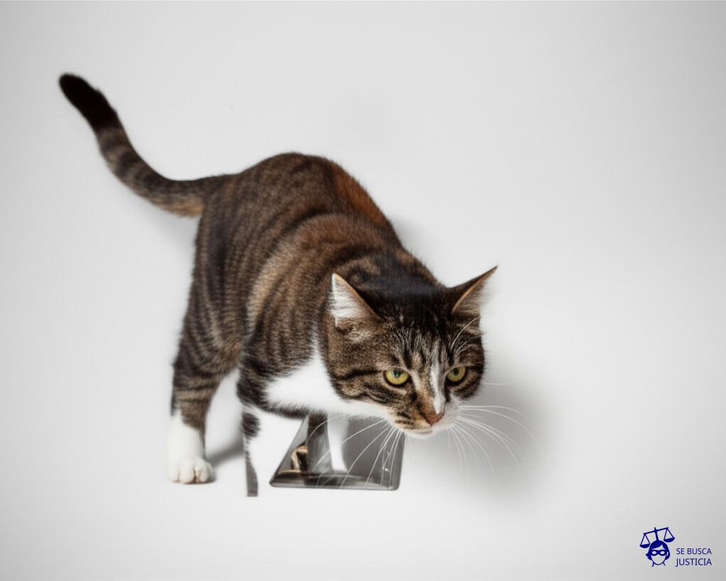 Un gato obeso intentando pasar por la abertura de una puerta para perros. Representa: La interpretación de normas de forma compatible con la Constitución para evitar la declaración de inconstitucionalidad, y sus límites.