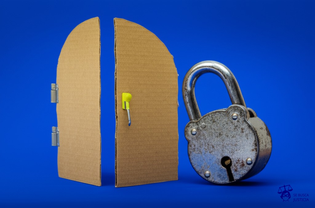 Un candado oxidado y enorme, sujetando con fuerza una pequeña puerta de cartón. Representa: La retención indebida del certificado de trabajo y del certificado de aportes y contribuciones a la seguridad social, a pesar de que el trabajador ha finalizado su relación laboral, impidiéndole acceder a nuevas oportunidades de empleo o realizar trámites jubilatorios, lo que genera un perjuicio económico y moral.