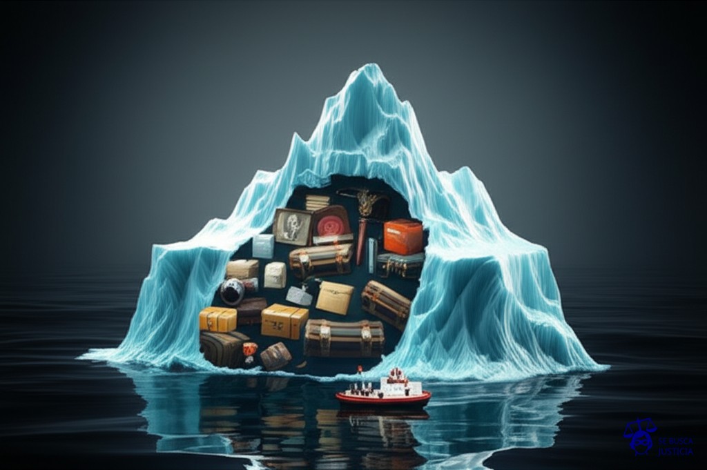 Un iceberg, con la punta visible (la parte declarada de los bienes) relativamente pequeña, y una base sumergida (la parte oculta) enorme, llena de objetos y cajas fuertes. Un pequeño bote (representando el proceso judicial) intenta navegar alrededor del iceberg, con dificultad. Representa: Liquidación de sociedad conyugal compleja por existencia de bienes ocultos o no declarados por uno de los cónyuges durante el proceso de divorcio. Se requiere una investigación exhaustiva y acciones judiciales para la correcta determinación y partición de la masa ganancial.