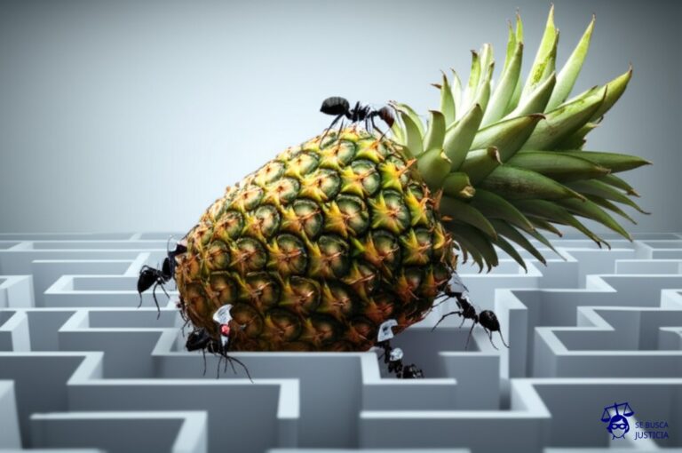 Un grupo de hormigas, vestidas con pequeños trajes de abogado, intentando arrastrar una enorme y pesada piña (representando la clientela) a través de un laberinto intrincado. Algunas hormigas tiran, otras se caen, y algunas intentan robar trozos de la piña. Representa: Litigios por indemnización de clientela en contratos mercantiles