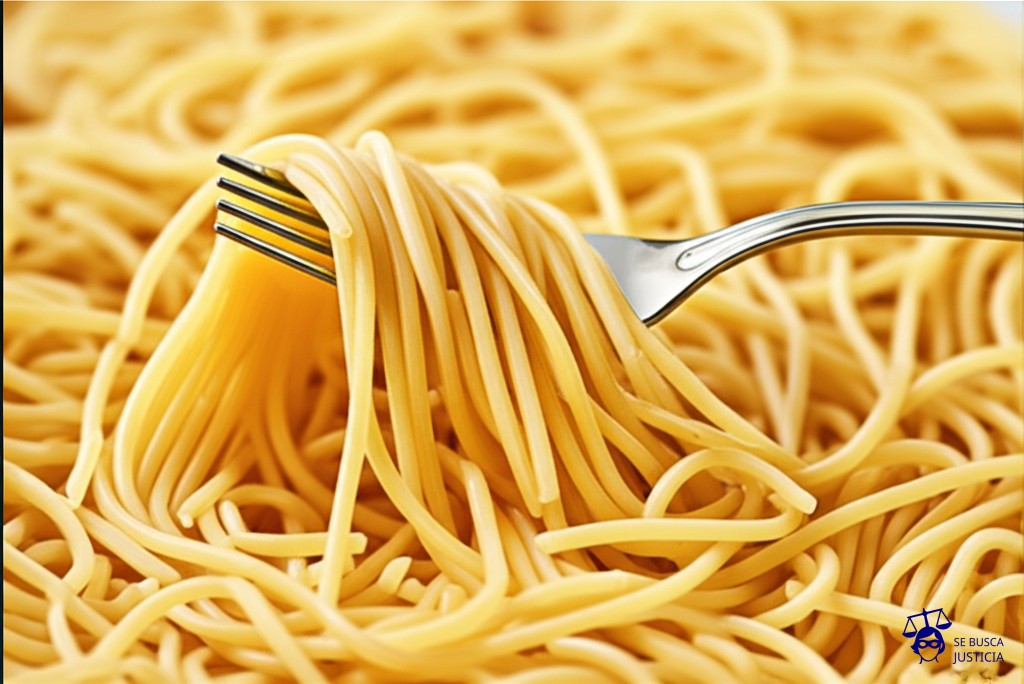 Un laberinto intrincado hecho de espagueti, con un tenedor gigante intentando comerse un puñado de fideos en el centro, pero enredándose constantemente. Representa: Litigios por la aplicación de la ley extranjera en contratos