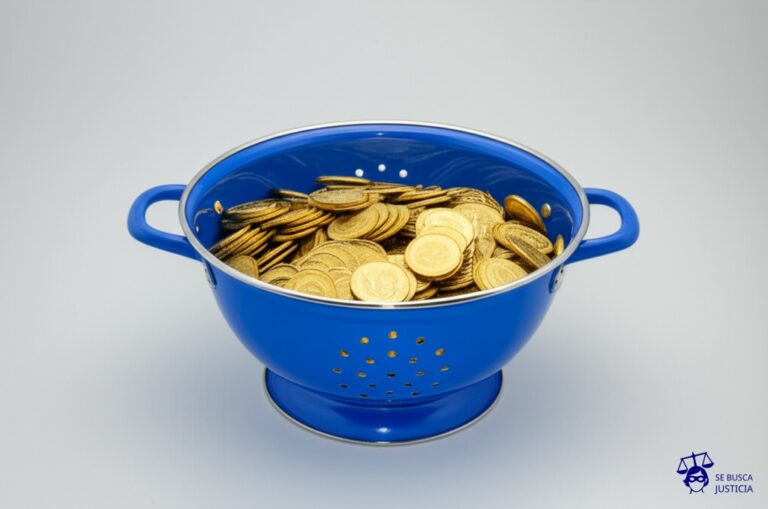 Un colador lleno de agujeros, intentando contener una marea de monedas de oro que se escapan. Representa: Negligencia en la custodia de documentos y datos personales del cliente