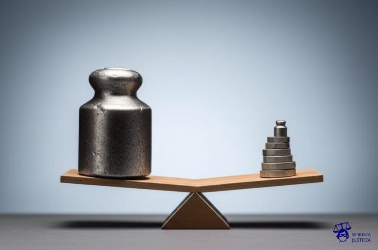 Un balancín con un lado sobrecargado con una pila de pesas desproporcionadamente grandes, y el otro lado con un único objeto ligero, como una pluma. Representa: Problemas constitucionales en la aplicación de penas y la garantía del debido proceso, incluyendo la proporcionalidad y la finalidad de la pena.