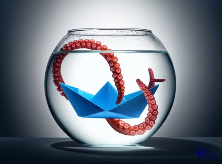 Un pequeño barco de papel (representando al niño) a la deriva en una pecera (la situación legal precaria), con un pulpo (el familiar/tercero) extendiendo tentáculos pegajosos (problemas legales) intentando atraparlo, pero sin poder sacarlo del agua, solo enredándolo más. Representa: Problemas de guarda de hecho o irregular de un menor por parte de un familiar o tercero, sin la autorización legal correspondiente, lo que genera una situación de precariedad jurídica para el niño.