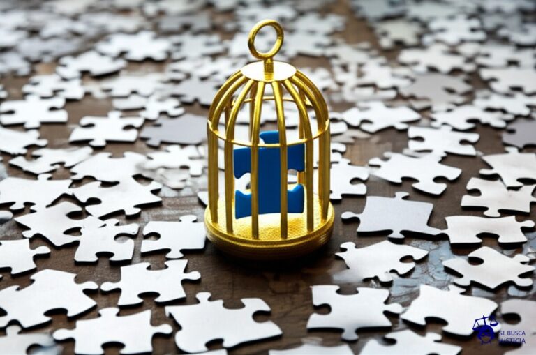 Un rompecabezas gigante, con piezas de diferentes tamaños y formas, dispersas en una mesa. Una de las piezas clave, con una forma distintiva, está siendo custodiada por una gran jaula dorada. Representa: Problemas de identidad de origen en personas adoptadas que buscan conocer sus raíces biológicas y acceder a información sobre sus padres biológicos, requiriendo intervención judicial para garantizar este derecho.