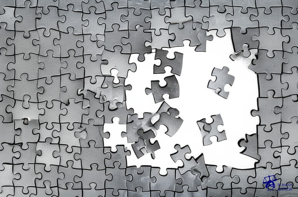 Un rompecabezas gigante desarmado, con piezas de diferentes tamaños y formas, cada una intentando encajar en múltiples huecos a la vez, con algunas piezas ya rotas y otras intentando huir rodando. Representa: Problemas de nacionalidad derivados de la secesión de un Estado