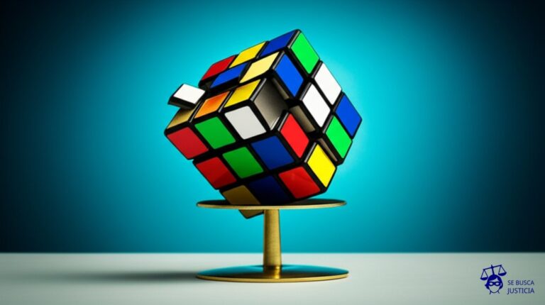Un cubo Rubik a medio resolver, con algunas caras completas y otras con pegatinas despegadas, intentando mantenerse en equilibrio precariamente sobre una balanza. Representa: Problemas de objeción de conciencia en relación con la libertad religiosa y la libertad de cultos, y cómo se concilian con obligaciones legales.