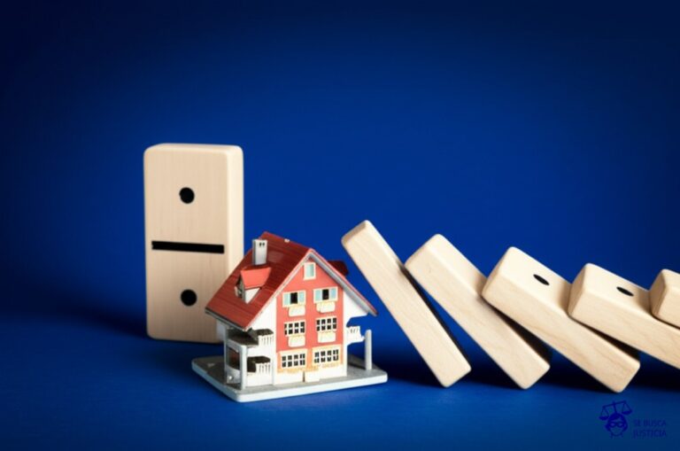 Un dominó gigante, de proporciones absurdas, a punto de caer sobre una diminuta casa de muñecas, con un solo dominó ya derribado dentro de la casa. Representa: Problemas de responsabilidad civil por productos defectuosos