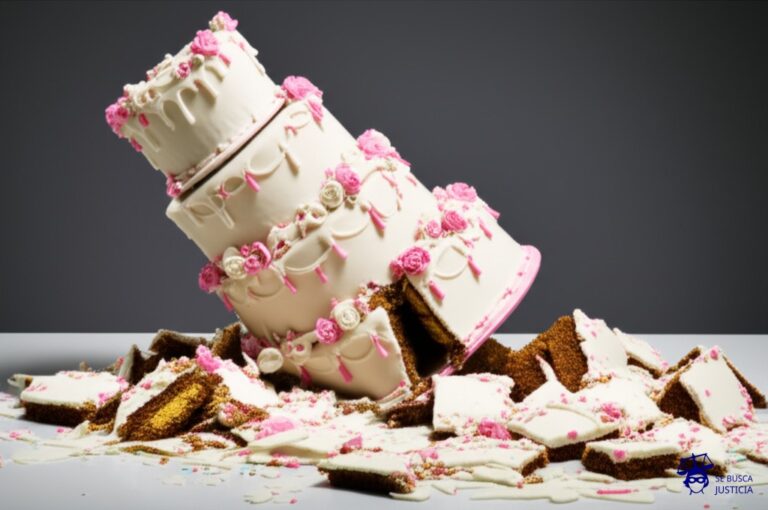 Un gran pastel de bodas, con múltiples capas, que se está derrumbando caóticamente, con trozos de glaseado y decoraciones rodando por el suelo. Representa: Problemas de sucesión de Estados y el impacto en los tratados bilaterales y multilaterales heredados lo que requiere un análisis complejo del derecho internacional para determinar qué obligaciones y derechos permanecen vigentes para el nuevo Estado