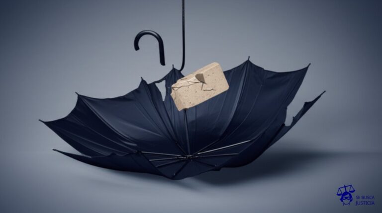 Un ladrillo (el robo) cae sobre un paraguas (la cobertura) roto, que está a su vez sostenido por un cable flojo (alarma desconectada). Representa: Rechazo de cobertura en un seguro de robo por incumplimiento de medidas de seguridad, como la desconexión de la alarma. El asegurado aduce que no hubo relación de causalidad entre la falta de alarma y el robo. El mecanismo legal exige a la aseguradora probar la conexión causal entre el incumplimiento y el siniestro para liberarse.