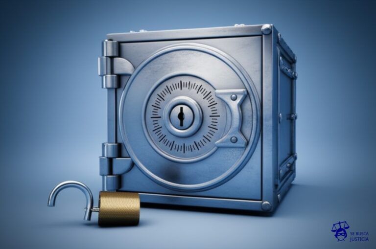 Un pequeño candado (de juguete) roto, con una gran caja fuerte (vacía) detrás. Representa: Rechazo de cobertura en un seguro de robo por la supuesta falta de cumplimiento de los límites de seguridad" de la póliza