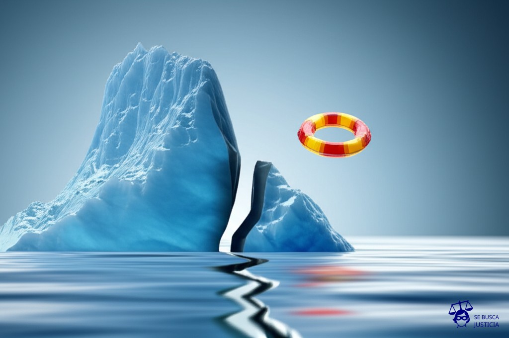 Un gran iceberg (la compañía de seguros) con una pequeña grieta (la cláusula de exclusión) que se rompe, revelando un diminuto flotador salvavidas (el art. 136) que se aleja rápidamente. Representa: Rechazo de cobertura en un seguro de vida por suicidio del asegurado, amparándose la compañía en una cláusula de exclusión. Los beneficiarios argumentan que el suicidio ocurrió después de un año de vigencia del contrato, solicitando la aplicación del art. 136 de la Ley de Seguros. El mecanismo legal es la interpretación restrictiva de la exclusión.