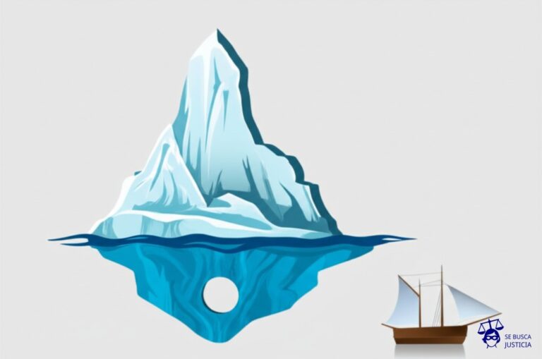 Un iceberg flotando, con un agujero visible en la parte sumergida (la base) y un barco hundiéndose justo al lado. Representa: Rechazo de cobertura por agravación del riesgo, por ejemplo, el cambio de uso de un inmueble asegurado sin notificación a la compañía. El asegurado alega que la agravación no influyó en la ocurrencia del siniestro. El mecanismo legal requiere que la aseguradora demuestre la influencia de la agravación en la producción del siniestro.