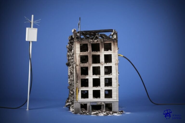 Un edificio carbonizado con un cable eléctrico intacto asomando, y un pararrayos en perfecto estado, ligeramente inclinado, a un lado. Representa: Rechazo de cobertura por la aseguradora en un seguro de incendio, argumentando que el daño se debió a una causa interna del edificio, como un cortocircuito. El asegurado alega que la causa fue externa, como la caída de un rayo. El mecanismo legal es la pericia técnica para determinar la causa del incendio.