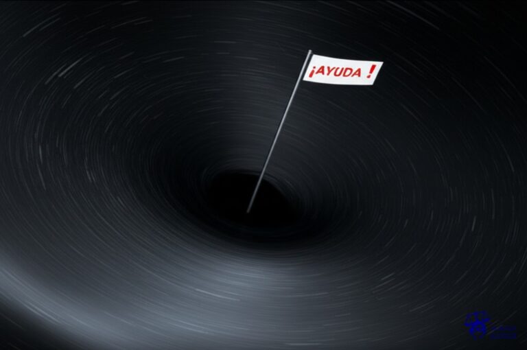 Un gran agujero negro tragándose una pequeña señal de ¡AYUDA! Representa: Rechazo de cobertura por la aseguradora en un seguro de responsabilidad civil por la falta de aviso de demanda judicial por parte del asegurado. El asegurado alega que la compañía ya tenía conocimiento del siniestro. El mecanismo legal se centra en la carga del asegurado de notificar la demanda para que la aseguradora pueda ejercer la defensa en juicio.