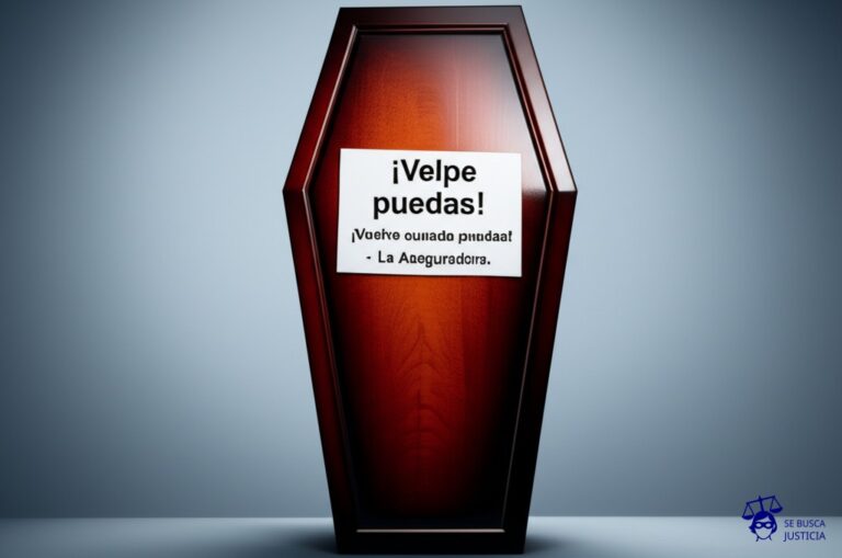 Un ataúd vacío, con un cartel pegado que dice ¡Vuelve cuando puedas! - La Aseguradora. Representa: Rechazo de cobertura por la aseguradora en un seguro de vida por la ausencia con presunción de fallecimiento" del asegurado. Los beneficiarios exigen el pago. El mecanismo legal es el cumplimiento de los plazos legales para la declaración de ausencia y la interpretación de la póliza en este supuesto."