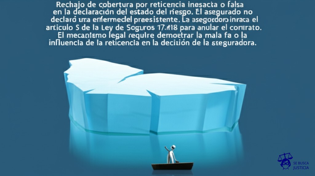 Un iceberg con una grieta visible en la superficie, pero la mayor parte sumergida y oculta. Debajo, una pequeña figura (abstracta) intentando remar frenéticamente en un bote, alejándose del iceberg. Representa: Rechazo de cobertura por reticencia inexacta o falsa en la declaración del estado del riesgo. El asegurado no declaró una enfermedad preexistente. La aseguradora invoca el artículo 5 de la Ley de Seguros 17.418 para anular el contrato. El mecanismo legal requiere demostrar la mala fe o la influencia de la reticencia en la decisión de la aseguradora.
