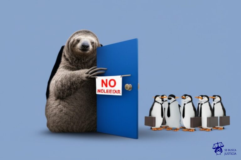 Un gran oso perezoso, con un gran cartel de NO MOLESTAR colgado en la puerta de su cueva, bloqueando el paso a un grupo de pequeños pingüinos con maletines. Representa: Rechazo de un Estado a la entrada de inspectores de armas nucleares de la OIEA