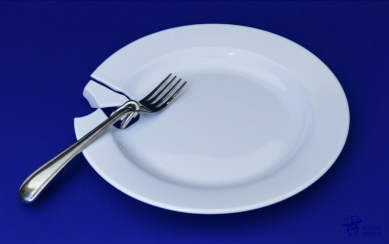 Un plato vacío y roto, con un tenedor doblado a un lado. Representa: Reclamo de alimentos a favor de un cónyuge que dedicó su vida al cuidado del hogar y los hijos, quedando sin formación laboral y en situación de necesidad tras el divorcio.