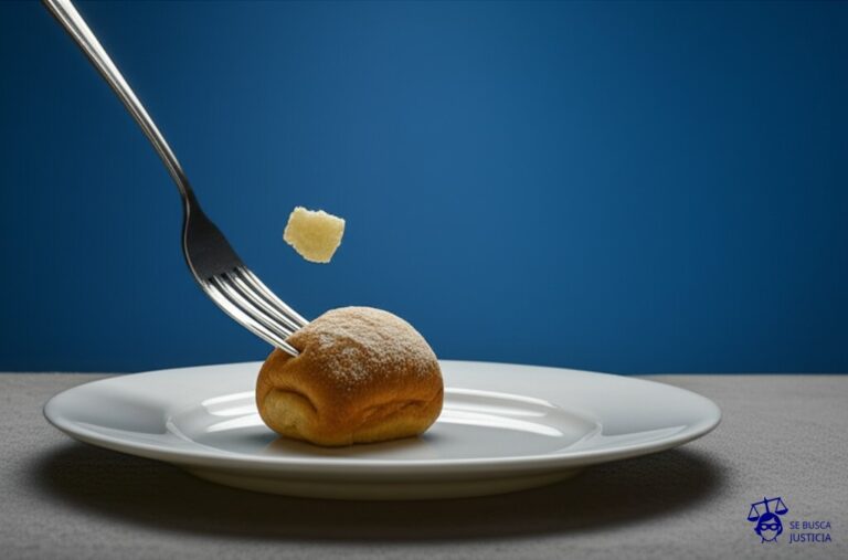 Un tenedor gigante intentando ensartar una migaja de pan, mientras un plato vacío se aleja. Representa: Reclamo de alimentos entre ex convivientes después de la ruptura de una unión de hecho, cuando uno de ellos queda en una situación de necesidad y el otro tiene capacidad económica para asistirlo.