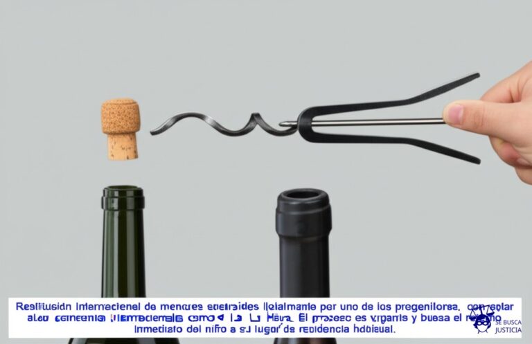 Un corcho de botella (el niño) siendo disparado a gran velocidad desde una botella de vino (el país de origen) por un sacacorchos gigante (el convenio internacional). El corcho vuela hacia otra botella de vino idéntica (el país de residencia habitual), siendo atrapado en pleno vuelo por un brazo invisible. Representa: Restitución internacional de menores sustraídos ilegalmente por uno de los progenitores, con aplicación de convenios internacionales como el de La Haya. El proceso es urgente y busca el retorno inmediato del niño a su lugar de residencia habitual.