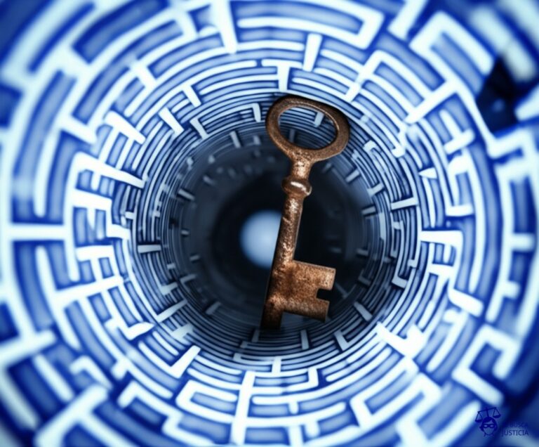Un laberinto circular con una única salida, pero bloqueada por una gran llave oxidada. Representa: Solicitud de declaración de incapacidad o capacidad restringida de un miembro de la familia por razones de salud mental, con el fin de designar un apoyo o curador para la administración de sus bienes y decisiones personales.