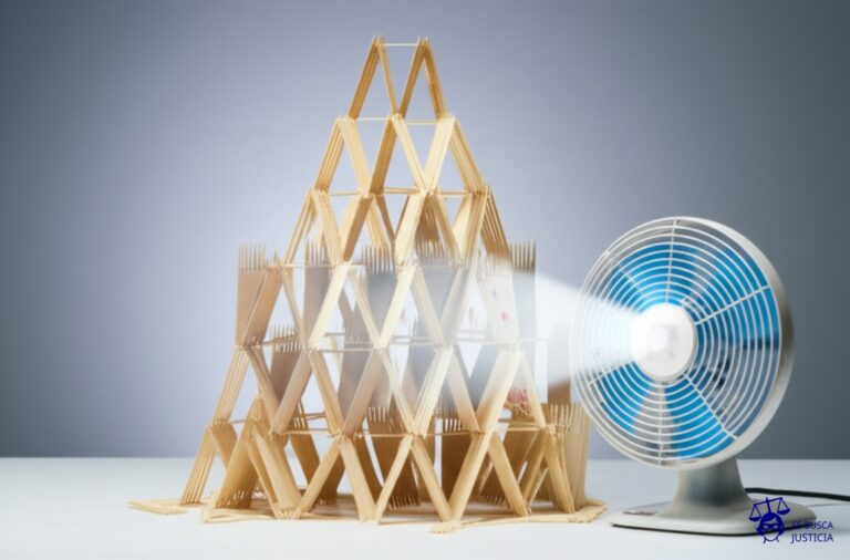 Un castillo de naipes precariamente construido, sostenido por palillos de dientes, con un ventilador (apagado) apuntando hacia él. Representa: Solicitud de medidas cautelares en procesos de familia, como prohibición de innovar sobre bienes, alimentos provisorios o régimen de visitas de urgencia, para proteger derechos durante el litigio.
